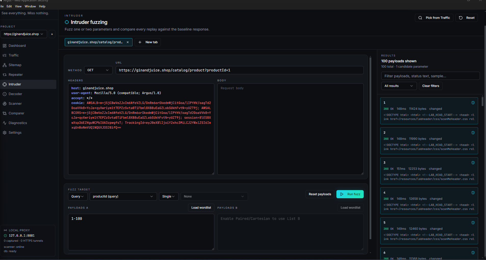 Argus intruder page showing seeded request fuzzing, payload controls, and result cards.