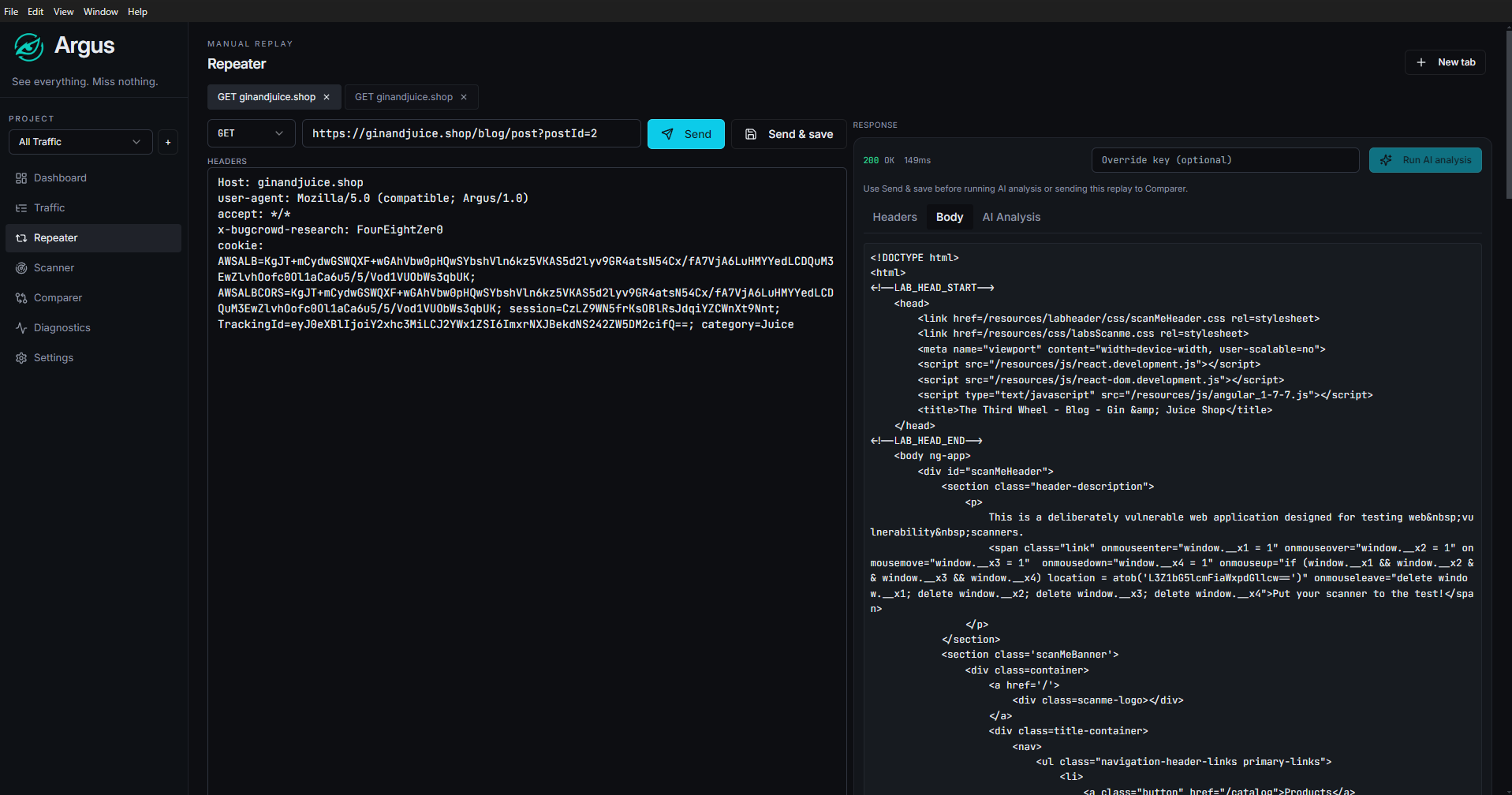 Argus repeater page showing manual request replay and response analysis.