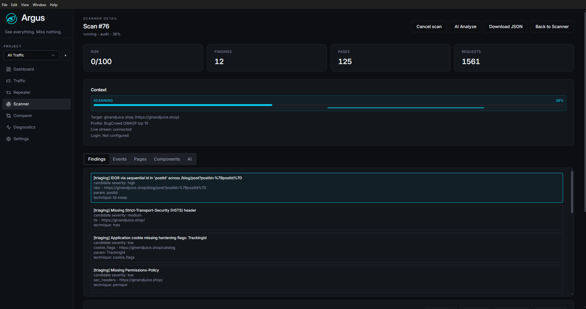 Argus scanner page showing queued scans, target setup, profiles, and scan detail.